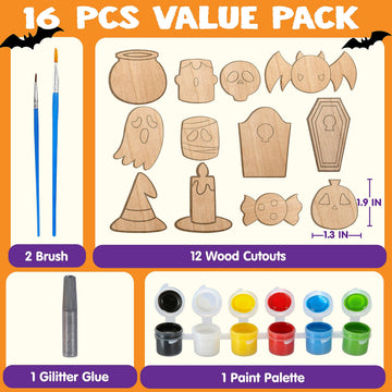 JOYIN 12 pcs Halloween Wooden Painting Crafts Kit, Creativity Painting Kit Includes 2 Color Pens for Kids Paint Gift, Family Activities Party Favor