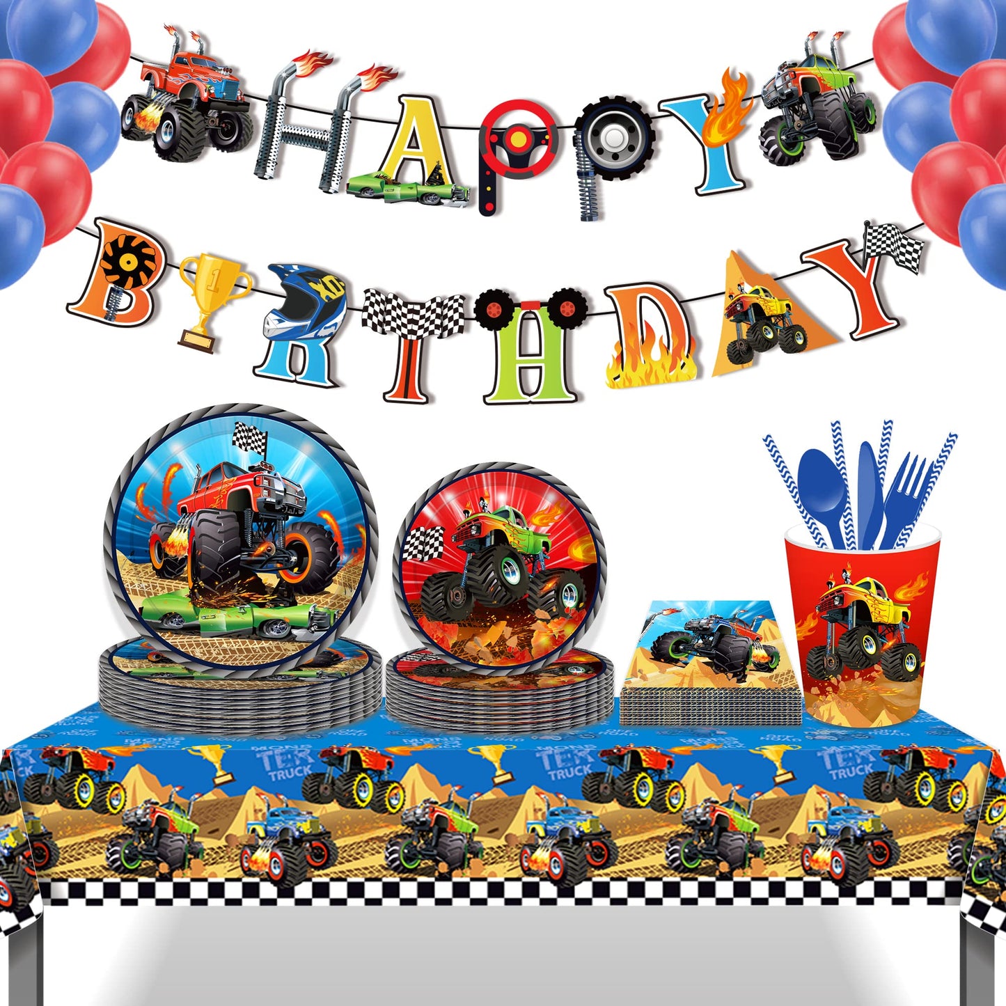 Partystadl 2 Pcs Monster Truck Party Tablecloth, Disposable Plastic Blue Rectangular Table Cloth Race Car Table Cover for Kids Monster Truck Themed