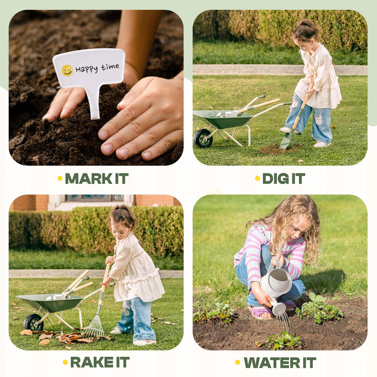 ROBOTIME Kids Wheelbarrow with Gardening Set - Metal Wheelbarrow Toddler Outdoor Play Toy with Garden Tools, Watering Can & Plant Labels, Pretend Play