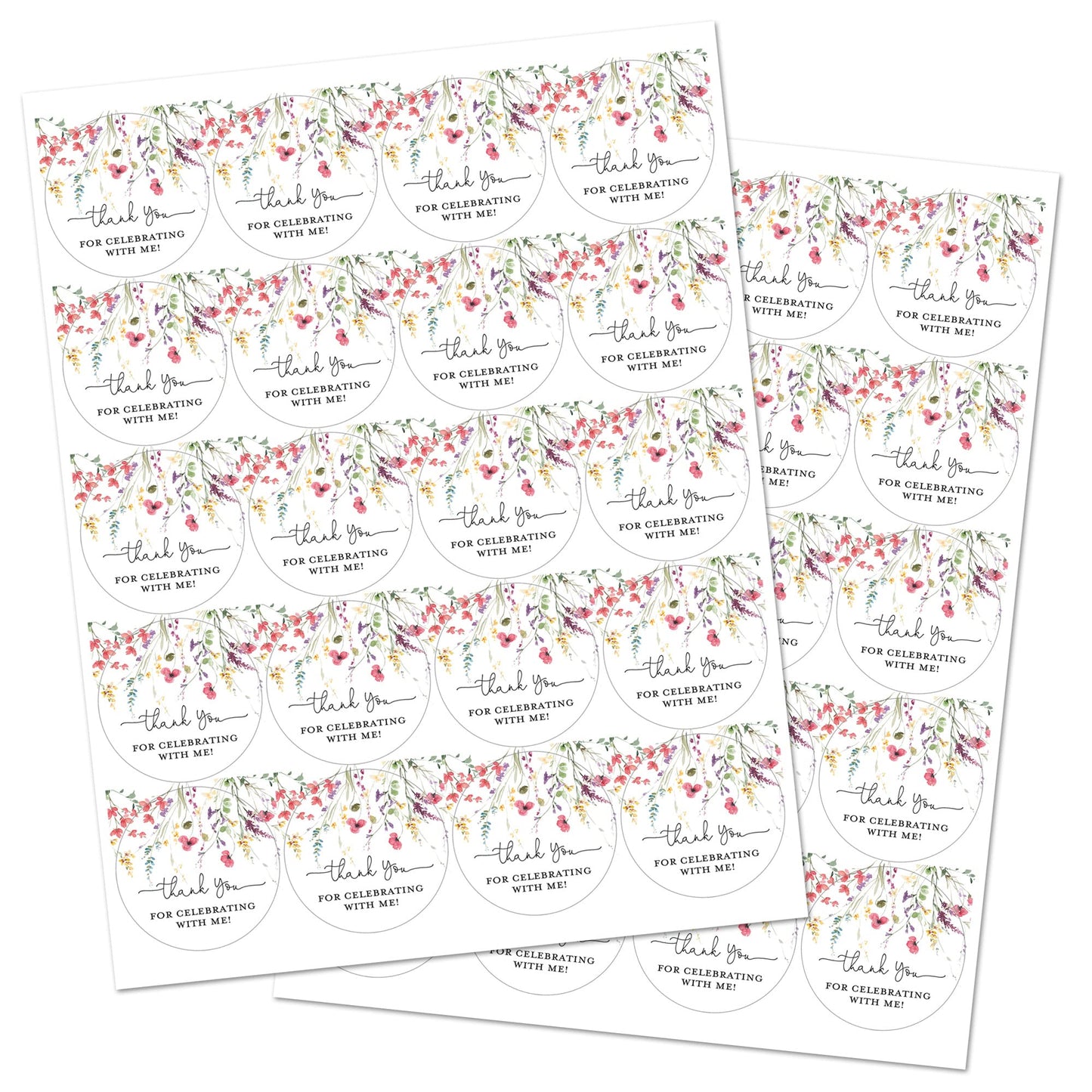 2"" Round Watercolor Wildflowers Thank You Favor Stickers - Set of 40