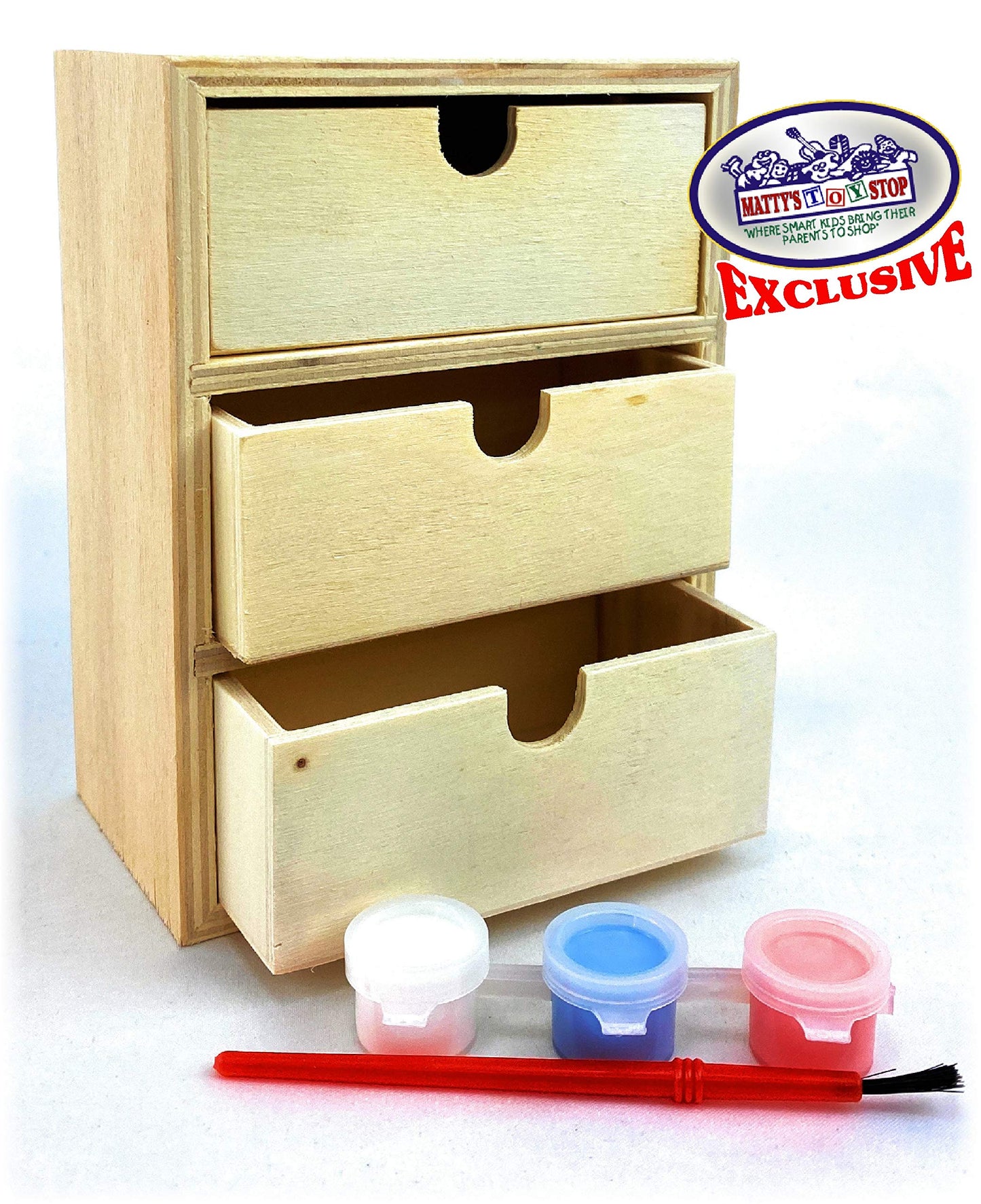 Matty's Toy Stop Design & Paint Your Own Wooden Jewelry Box Set with Mirror Jewelry Box, 3 Drawer Dresser, 4 Drawer Dresser, 3 Brushes & 9 Paints (3