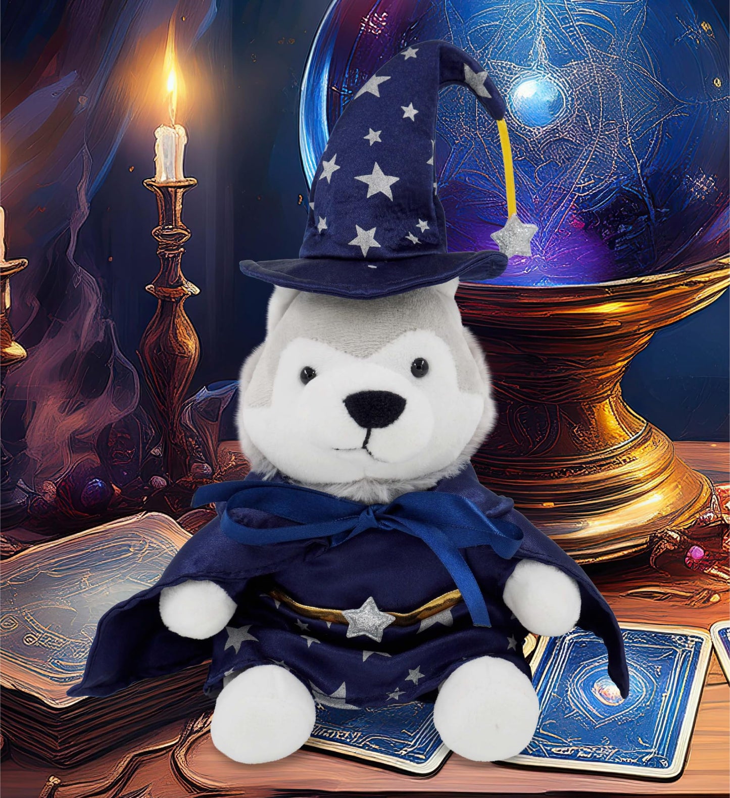 DolliBu Wizard Stuffed Animal Dress Up Set - Cute Teddy Bear Wizard Costume with Blue Cape and Hat with Silver Stars - Large for 8 to 10 Inch Plush