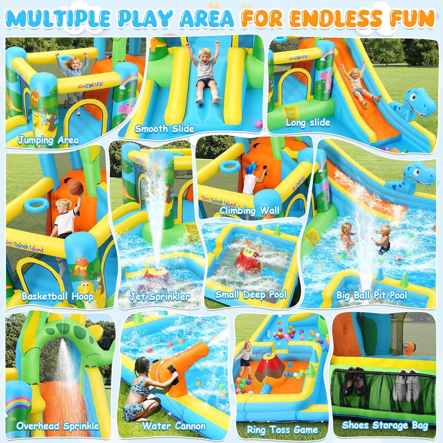 AKEYDIY Inflatable Water Slide Bounce House Combo, Large Bounce House for Kids 3-12, Long & Short Slides, Splash Pool, Boxing Pillar, 550W Blower