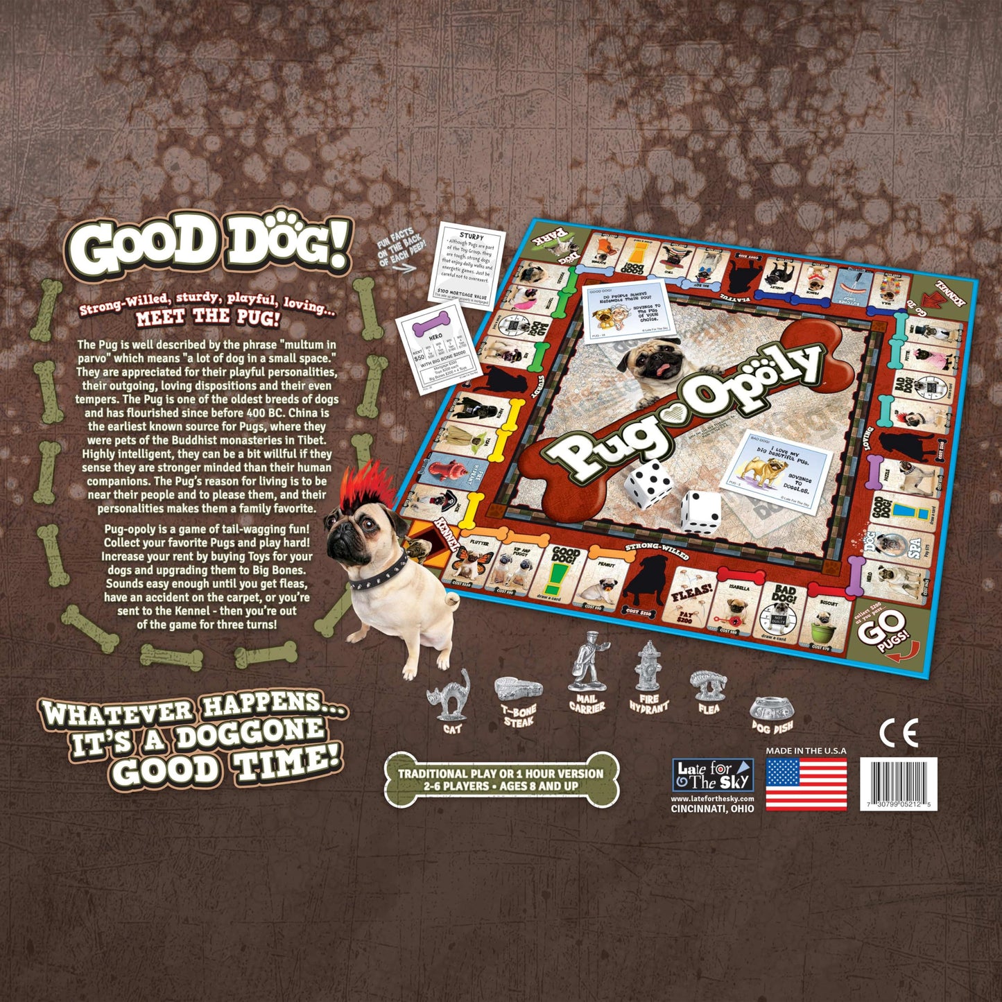 Late for The Sky Pug-Opoly Dog Board Game for Families & Adults - Pug Lovers Property Trading Game, 2-6 Players, Ages 8+, One-Hour or Full Play, Fun