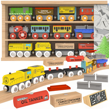 Wooden Train Set 12 PCS Magnetic Toy Train Cars with Storage Box Cover Tunnel Compatible with Thomas Brio Melissa and Doug Wooden Railway Toys