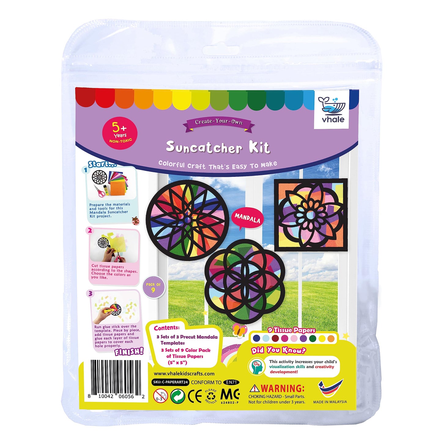 VHALE Suncatchers Craft 3 Sets (9 Cutouts) w Tissue Papers Stained Glass Effect Paper Sun Catcher Kit, Window Art, Classroom Crafts, Creative Art