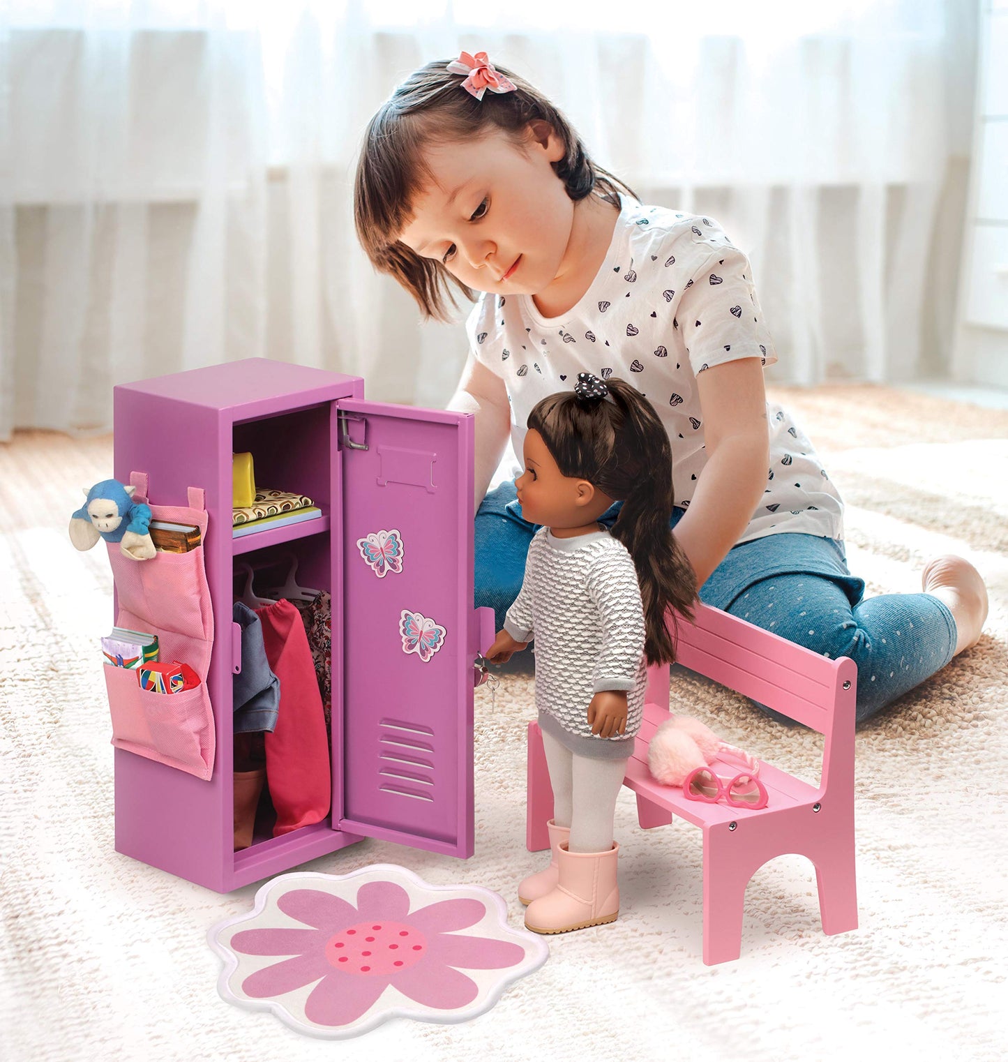 Badger Basket School-Style Single Doll Locker Set with Bench, Rug, and Accessories - Purple and Pink Design for 18-Inch Dolls