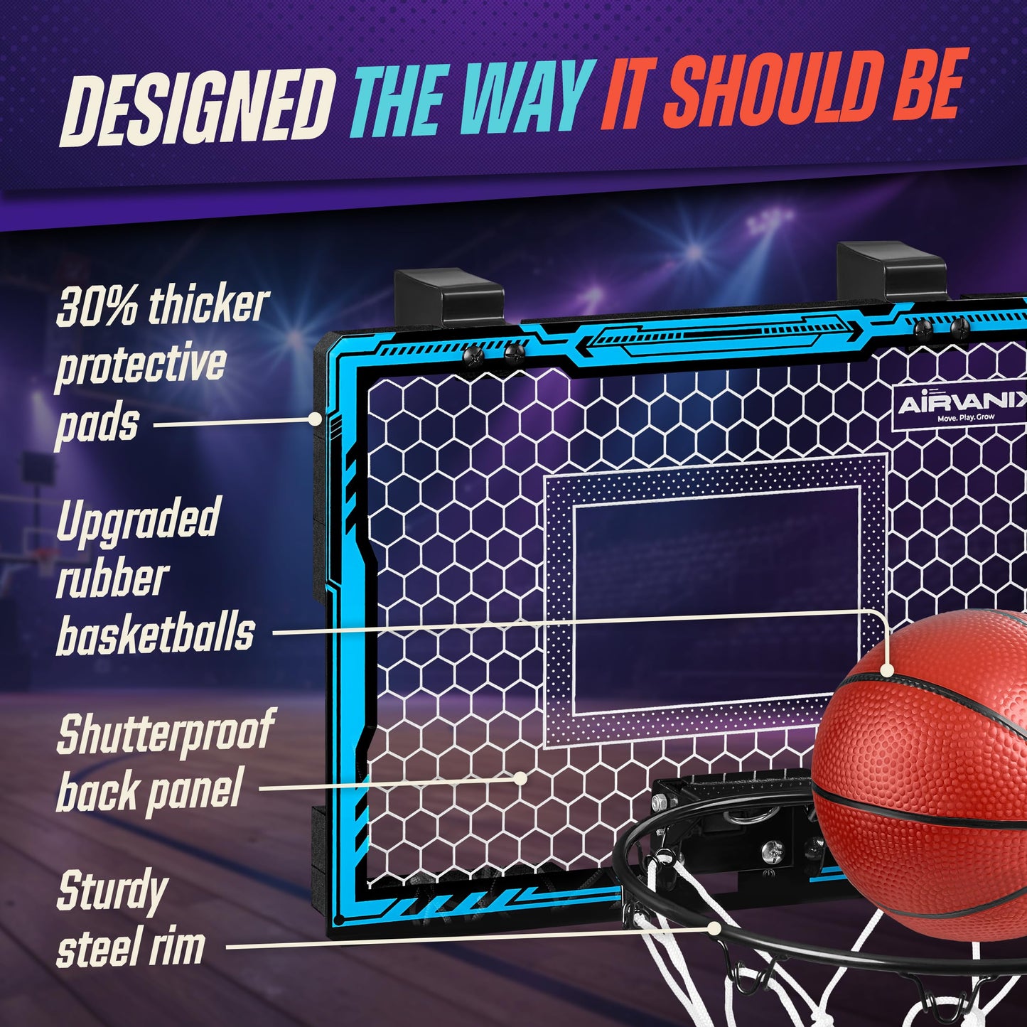 AIRVANIX Mini Basketball Hoop for Kids | Spring-Loaded Rim for Slam Dunks, Extra Backboard Padding | Foldable Indoor Basket Ball Hoops | 2 Over