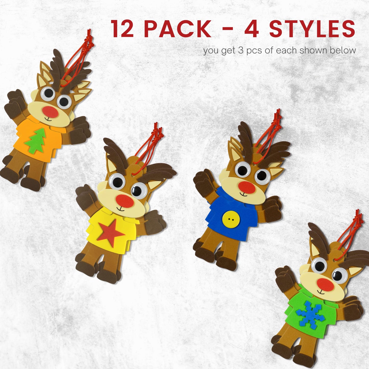 4E's Novelty Foam Christmas Reindeer Ornament Craft for Kids (12 Pack Bulk) Christmas Crafts for Kids Ages 4-8, 8-12 Toddlers DIY Ornament Craft Kit