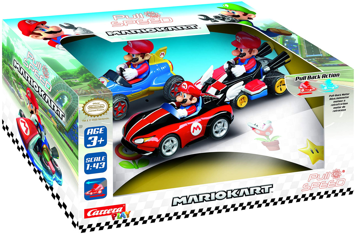 Carrera Pull & Speed 15813016 Official Licensed Kids Toy Car Pull Back Vehicle for Ages 3 and Up - Mario Kart Mario/Wild Wing Mario/Mach 8 Mario