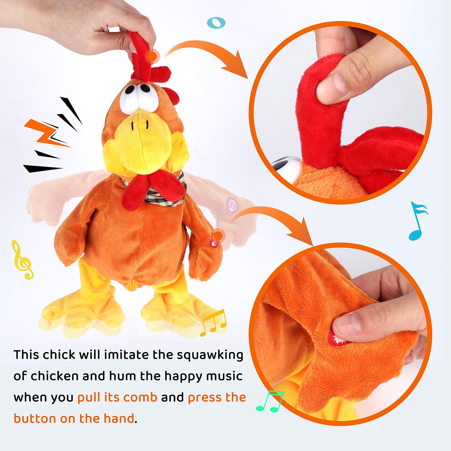 Cuteoy 13" Squawking Chicken Musical Stuffed Animal Plushies Walking Singing Waving Rooster Electronic Interactive Plush Toy for Kids Boys Girls