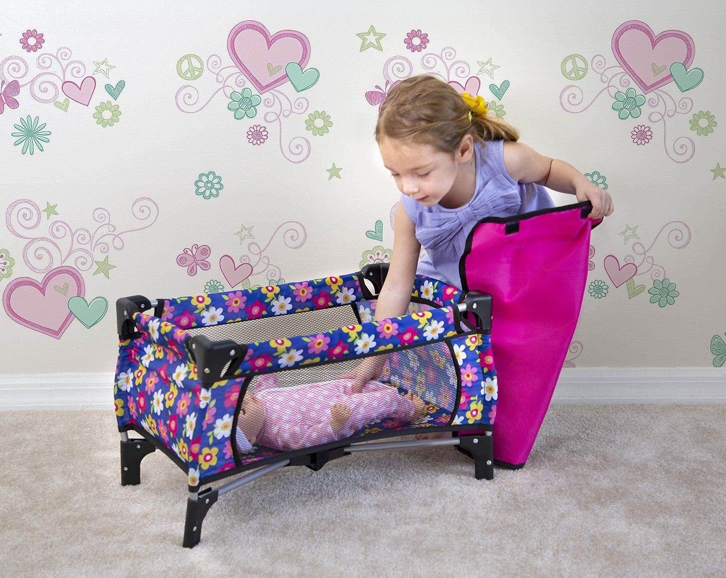 Baby Doll Crib Set, Toy Pack n Play Bassinet Blanket & Carry Bag for Baby Doll Playpen Fits up to 20" Doll | Allows for Easy Compact Folding