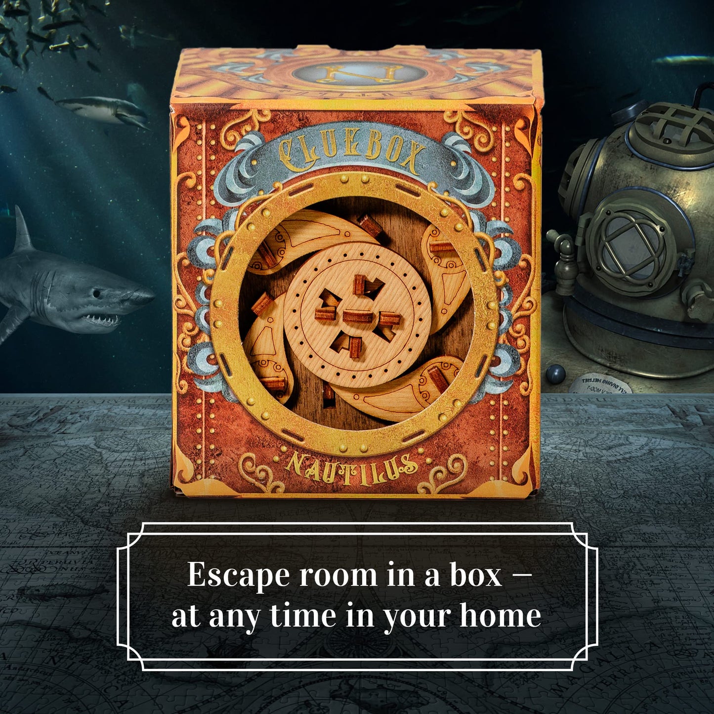 iDventure Cluebox Nautilus, Escape Room in a Wooden Puzzle Box for Adults