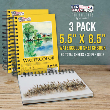 U.S. Art Supply 5.5" x 8.5" Premium Heavyweight Watercolor Paper Pad, Pack of 3 (30 Sheets Each), 140lb (300gsm) - Spiral Bound, Cold Pressed