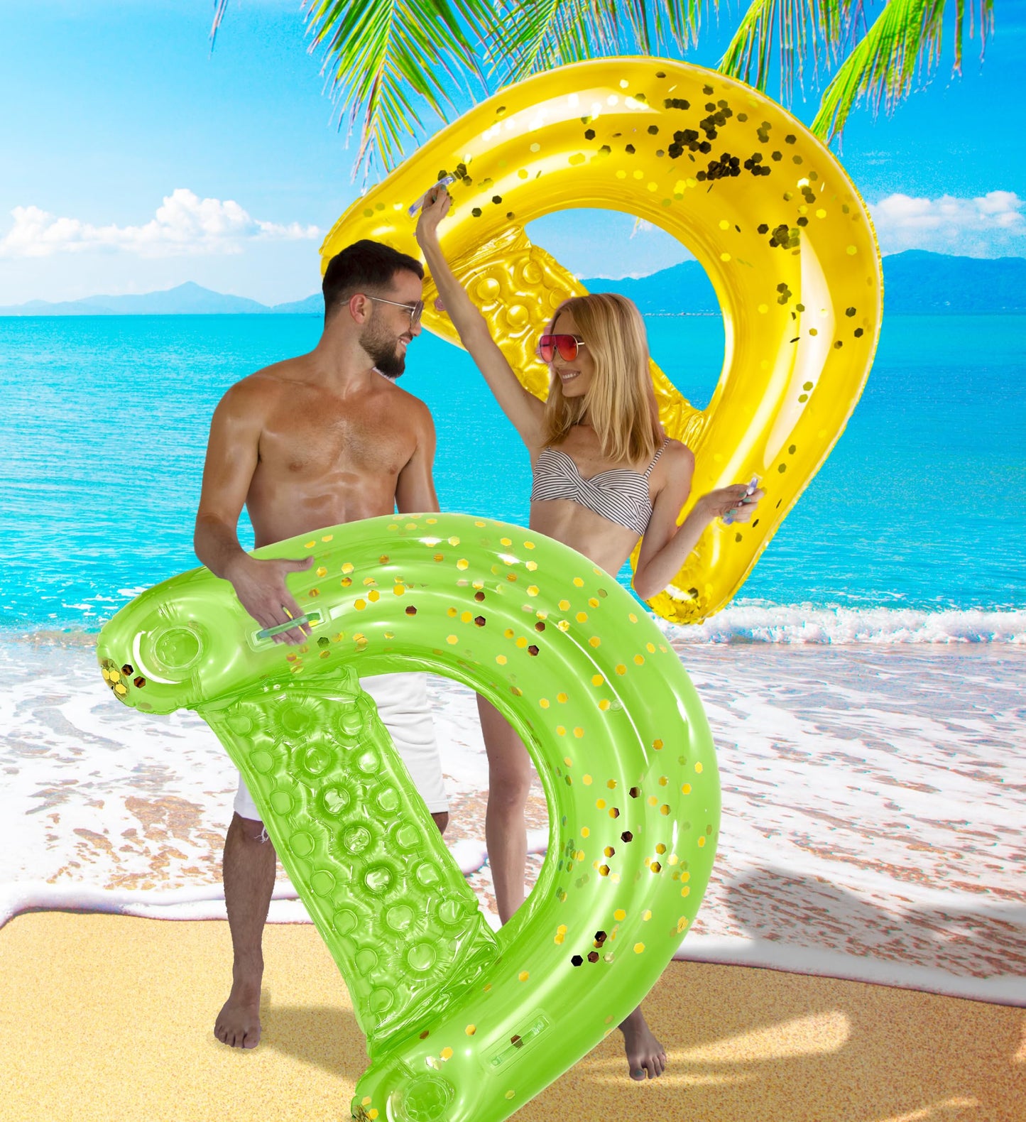 POZA Inflatable Pool Float Chair - Sparkle Confetti Lounge Inflatable Pool Floats, 2 Built in Cup Holders & Handles, Adult Inflatable Pool Lounger