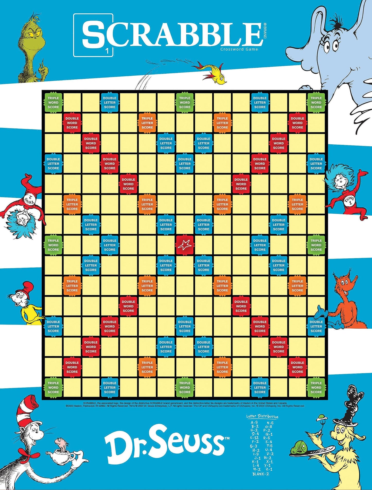 Scrabble Dr. Seuss Board Game | Official Scrabble Game with a Rhyming Twist | Custom Dr. Seuss Cards and Themed Scrabble Board | Bonus Points | Play