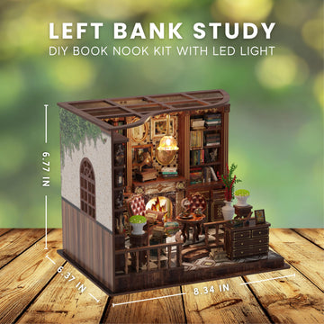 Left Bank Study DIY Book Nook Kit for Adults - 3D Wooden Puzzles for Adults Miniature Library with LED Light, 248 Pieces, Book Nook Shelf Insert