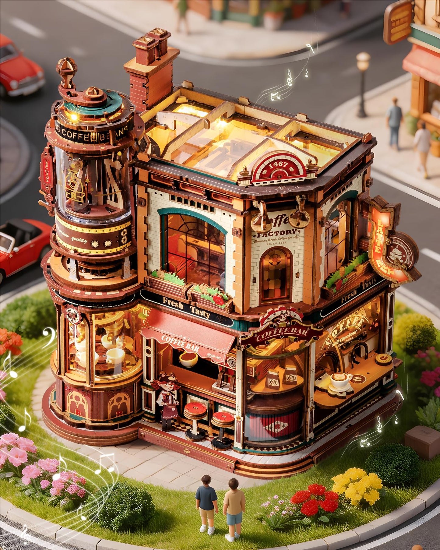 ROBOTIME Moving Coffee Factory 3D Wooden Puzzle for Adults - Mechanical Building Kit with Music Box & Warm LED Lights, 593PCS No-Glue Book Nook Kit