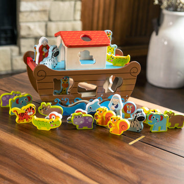 Fat Brain Toys Noah's Ark Sort & Play Set - Wooden Shape-Matching Preschool Toy