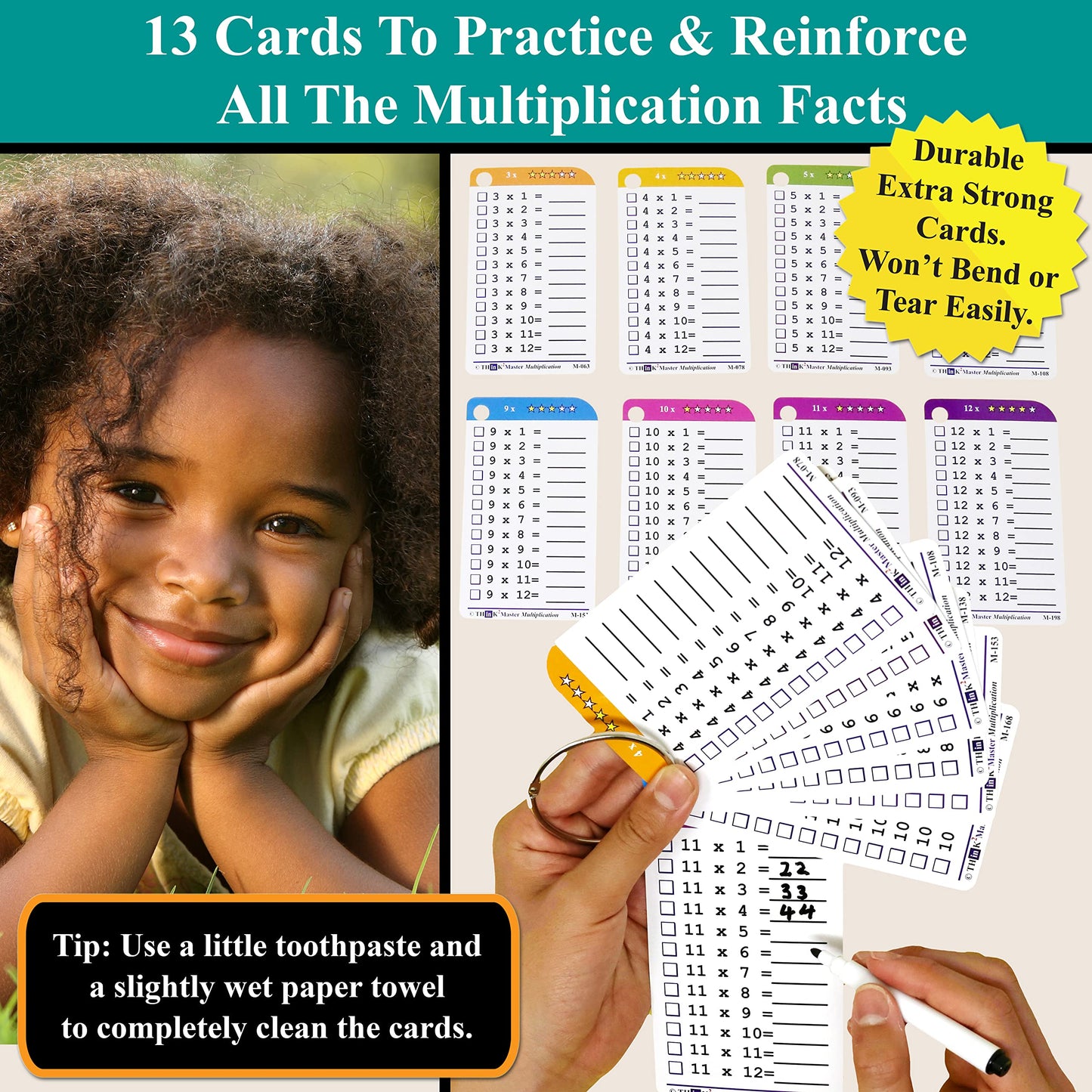 Think2Master Premium 260 Laminated Multiplication & Triangle Division Flash Cards. (All 0-12 X Facts)| Bonus: 2 Dry Erase Markers & 5 Rings. |