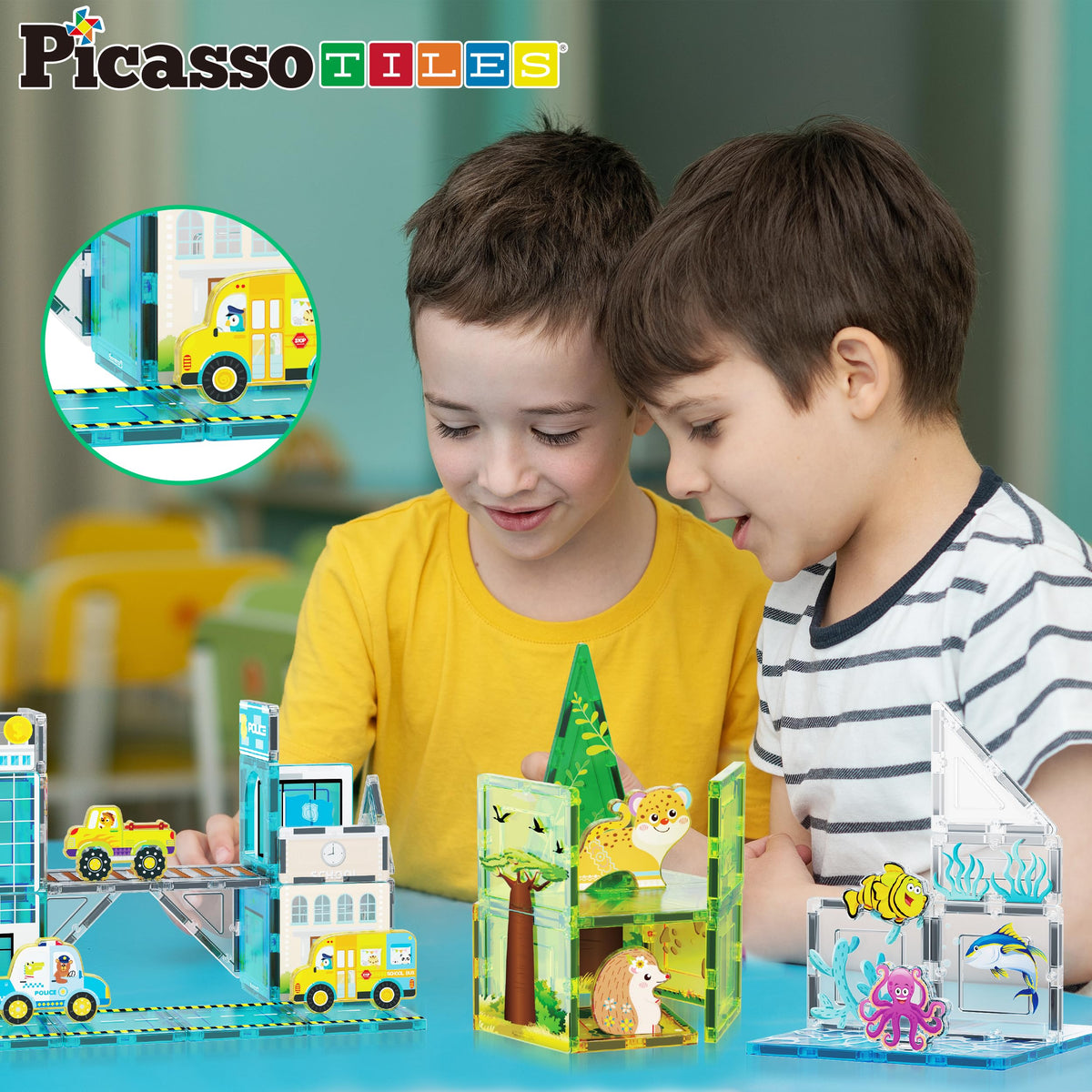 PicassoTiles Magnet Tiles Building Blocks 3-in-1 Aquarium Safari Animal & Metro Theme Playset with 24 Character Action Figures Magnetic STEM Learning
