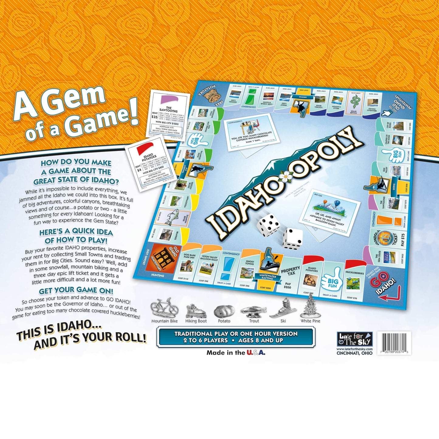 Late for The Sky Idaho-Opoly Board Game - Idaho State Themed Family Strategy, Opoly-Style Fun for 2-6 Players, Ages 8+, Traditional or Fast 1-Hour