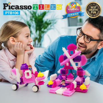 PicassoTiles PTB106 106pcs Hedgehog Lock Building Blocks Tiles Pink Castle Theme Set w/Human Figures Learning Playset STEM Toy Set Educational Kit