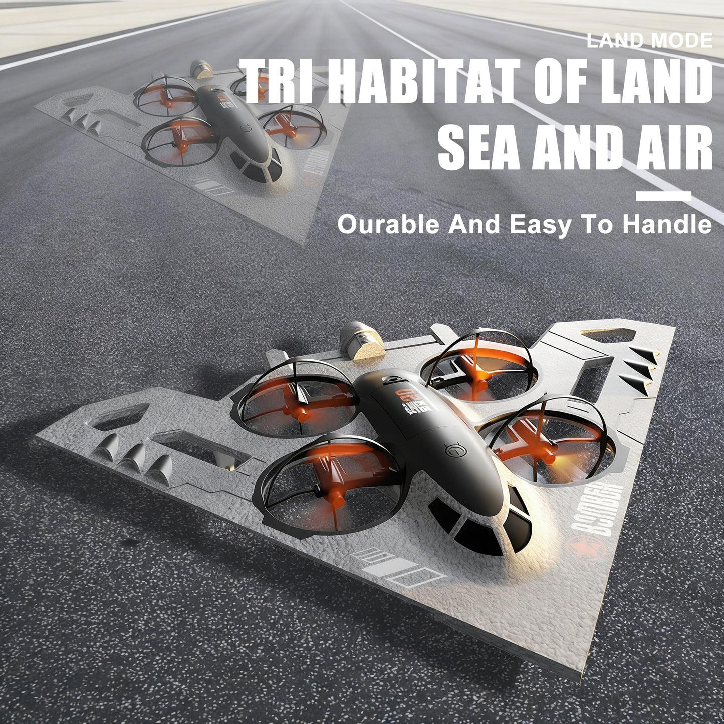 Virellia 3-in-1 RC Drone for Land Sea Air, H20 Remote Control Bomber RC Airplane with Cool Lights, 360° Flip, 3 Driving Mode and Collision Protection