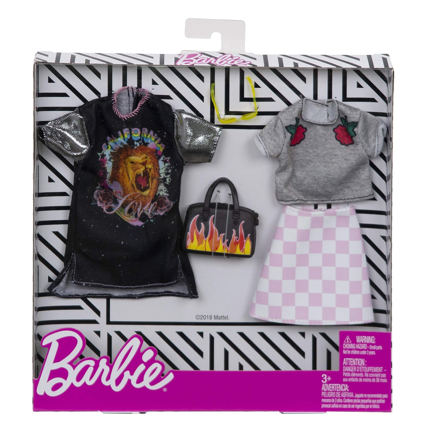 Barbie Clothes - 2 Outfits Doll Include a T-Shirt Dress with Retro Rock Graphic and Flame-Decorated Purse, Gift for 3 to 8 Year Olds