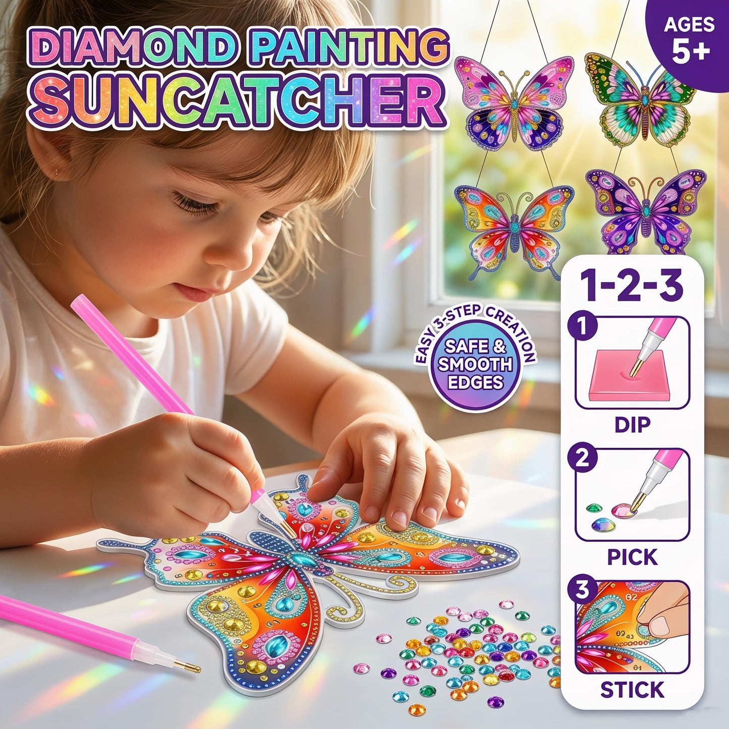ZhengYuFa Diamond Art Kit for Kids Arts and Crafts for Kids Ages 8-12, Butterfly Diamond Art, 6/7/8/9/10 Year Old Girl Gifts Gem Art Butterfly Kit