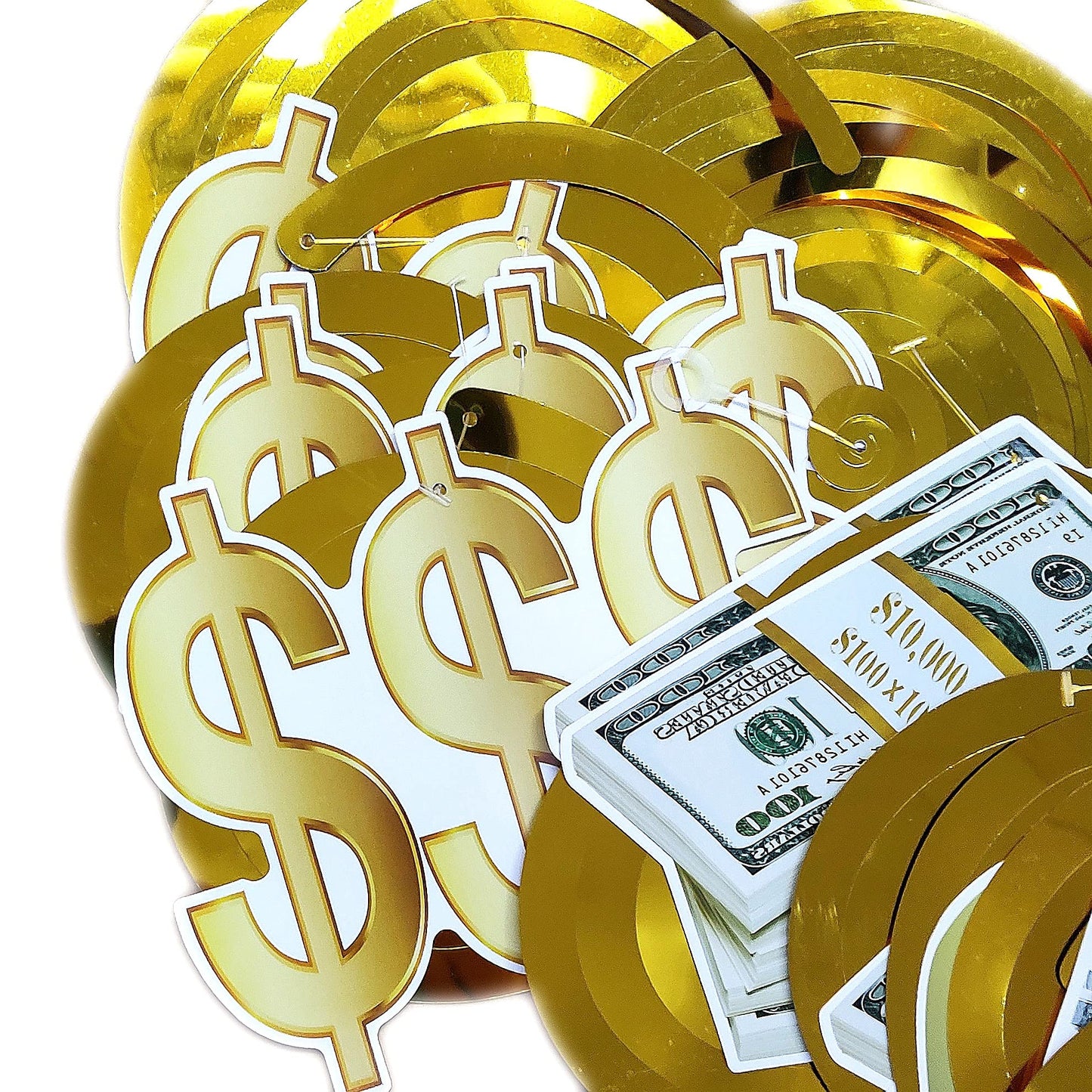 YiiiGoood Gold Money Theme Hanging Decoration Dollar Bill Signs Hanging Swirls Money Bag Currency Symbol for Birthdays Casino Weddings Bachelorette