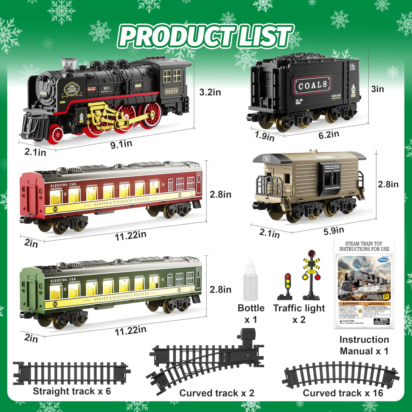Funwee Electric Steam Train Set with Glowing Passenger Carriages,Locomotive Train Model for Under Christmas Tree with Lights,Smoke and Sounds,Gift