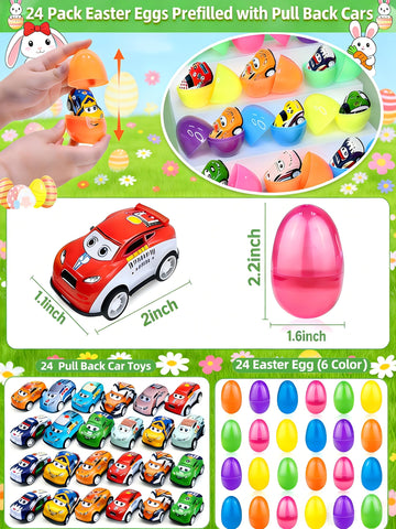 24 Pack Prefilled Easter Eggs Pull Back Cars,Mini Easter Race Cars for Kids Toddlers Egg Hunt Basket Stuffers Filler Surprise Egg Party Favor