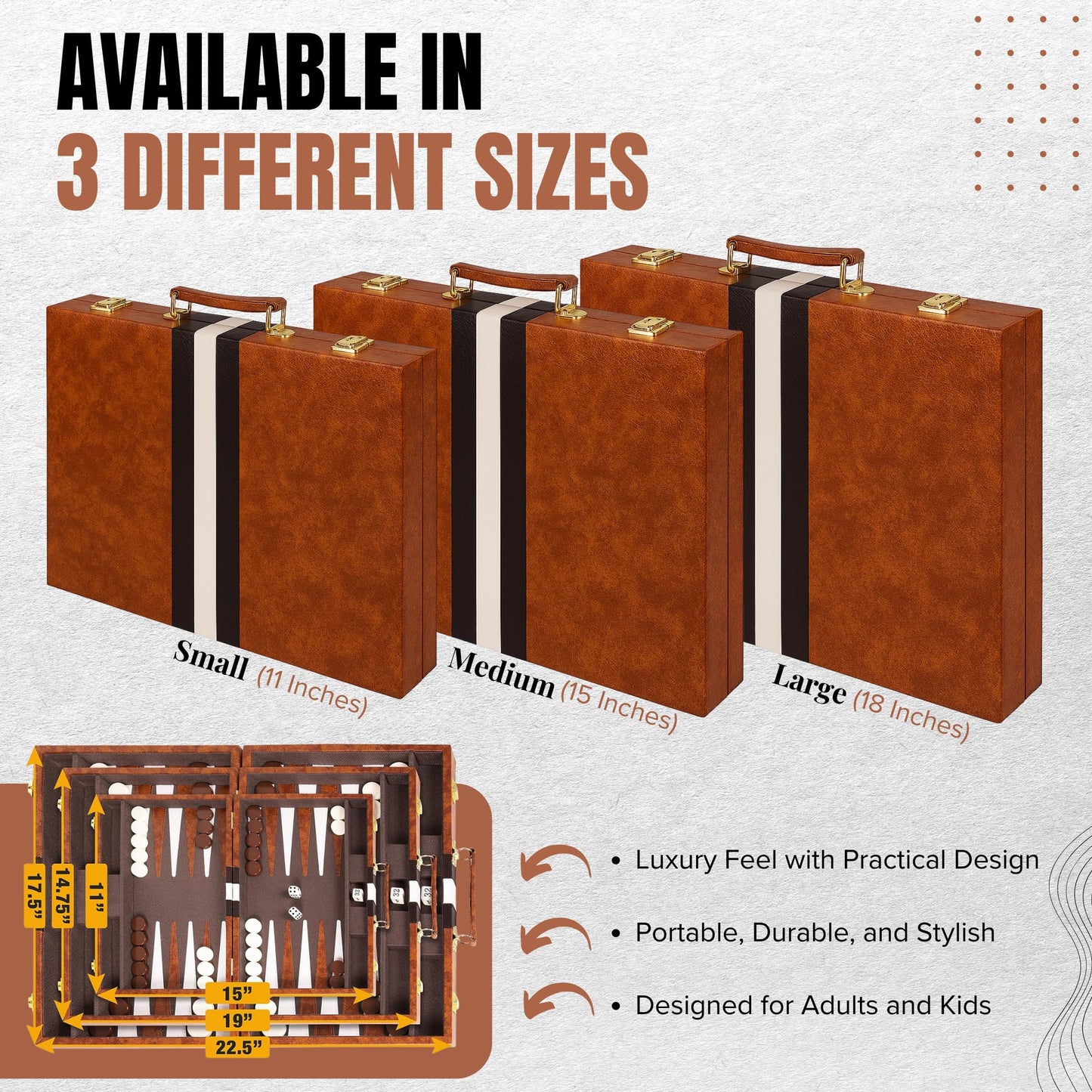 Premium Backgammon 18 Inches Large Brown - Backgammon Sets for Adults and Kids - Leatherette Back Gammon Board Game Set - Travel Backgammon Set Board