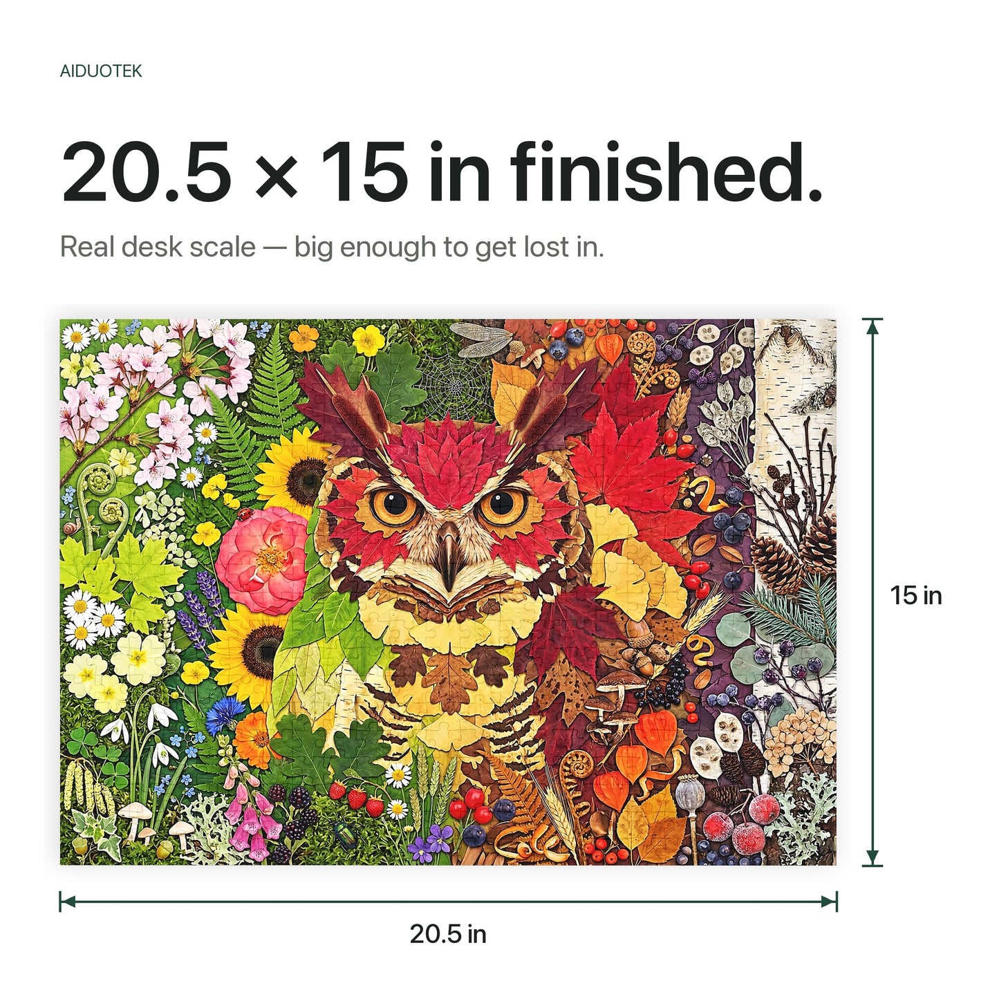 Pressed Flower Nature Collage 500 Piece Jigsaw Puzzle for Adults, Colorful Four Seasons Botanical Art Gift, Owl Variant, 20.5 x 15 in