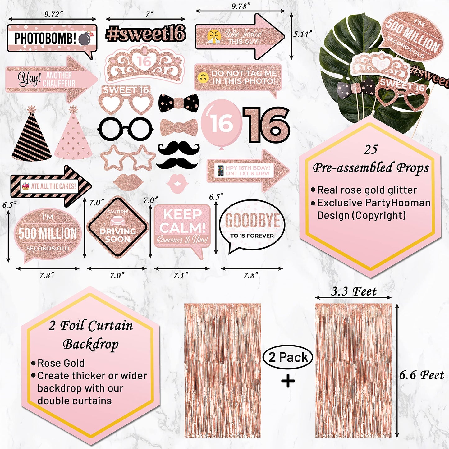 PartyHooman Sweet 16 Birthday Decorations Rose Gold With Sweet 16 Sash and Tiara Set, 2Pcs Backdrop, 25Pcs Pre-assembled Photo Booth Props, Balloons