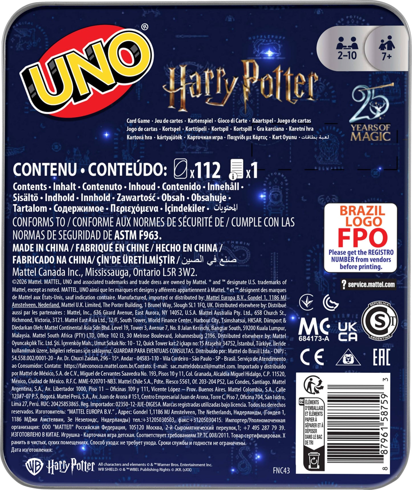 Mattel Games UNO Harry Potter Card Game in Storage Tin for Kids, Adults & Parties, Collectible Deck Based on Popular Series for 2 to 10 Players