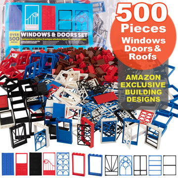 500 Pieces Windows, Doors, and Roof Building Block Bricks - Includes Over 500 Pcs of Unique Doors & Windows for Modular House Building- Compatible