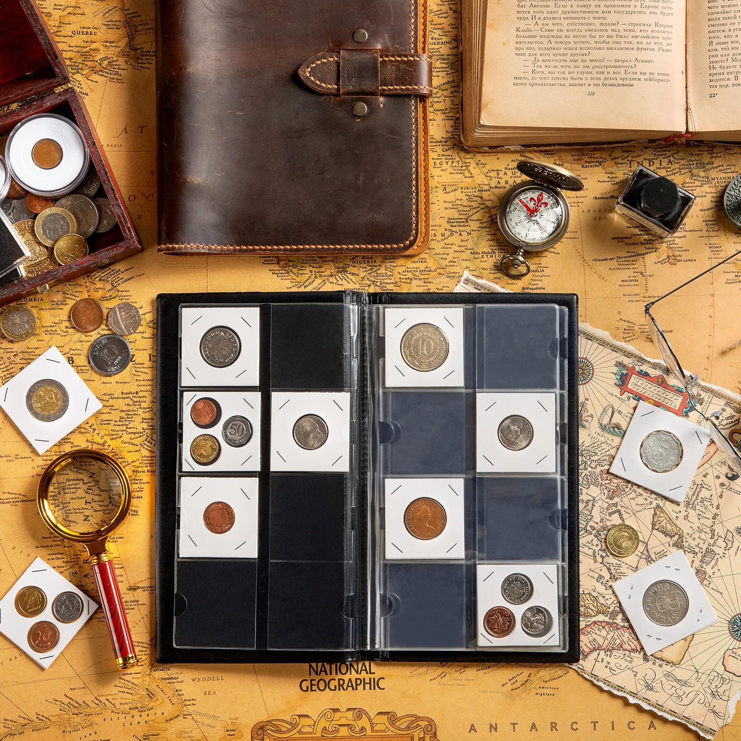 80 Pockets Collecting Album for 2x2 inches Coin Flip - Classic Large Capacity Collection Book Coin Holder for Stamps Medals Badges Black CS4308BK