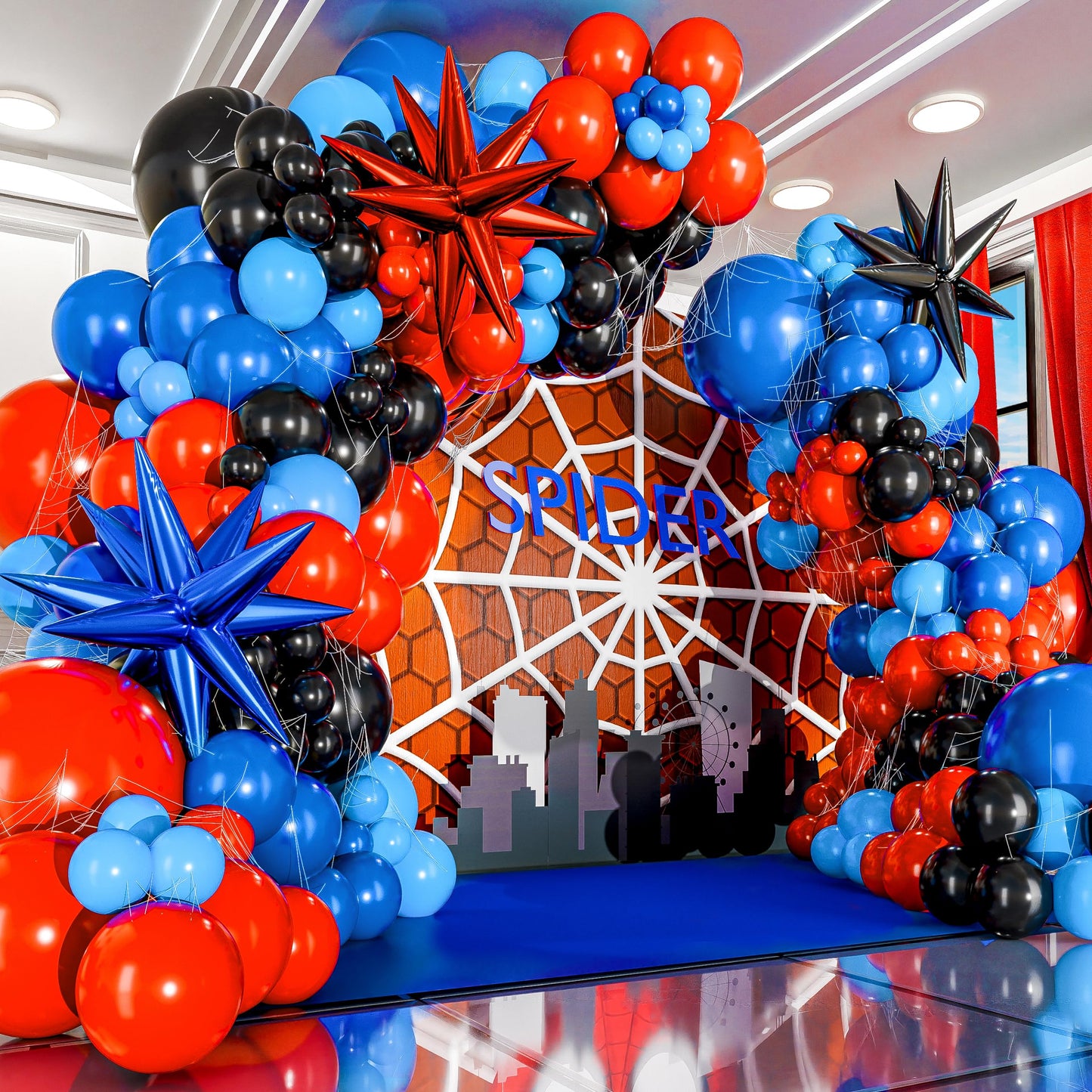 ALL-IN-1 Spider Balloon Arch Kit with BONUS Starburst for Spidy Birthday Decorations - Red Blue Spider Balloons for Spidy Man Party Decorations