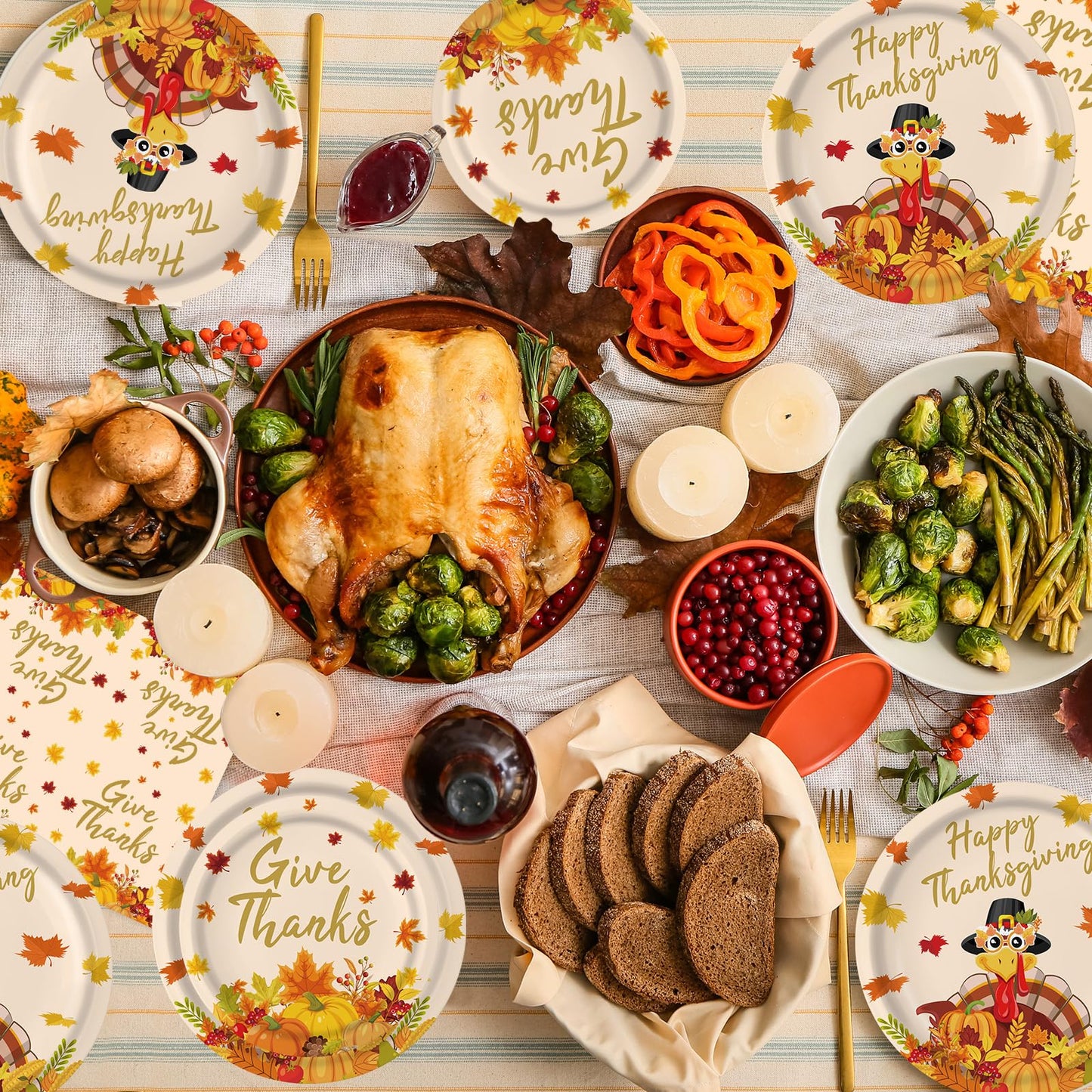 150 Pcs Thanksgiving Plates and Napkins Sets - Happy Thanksgiving Round Tableware, Disposable Fall Turkey Give Thanks Paper Dinner Dessert Plates