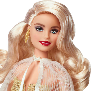 Barbie Signature 2023 Holiday Doll, Blonde Hair Wearing Golden Gown, Collectible with Doll Stand & Certificate of Authenticity