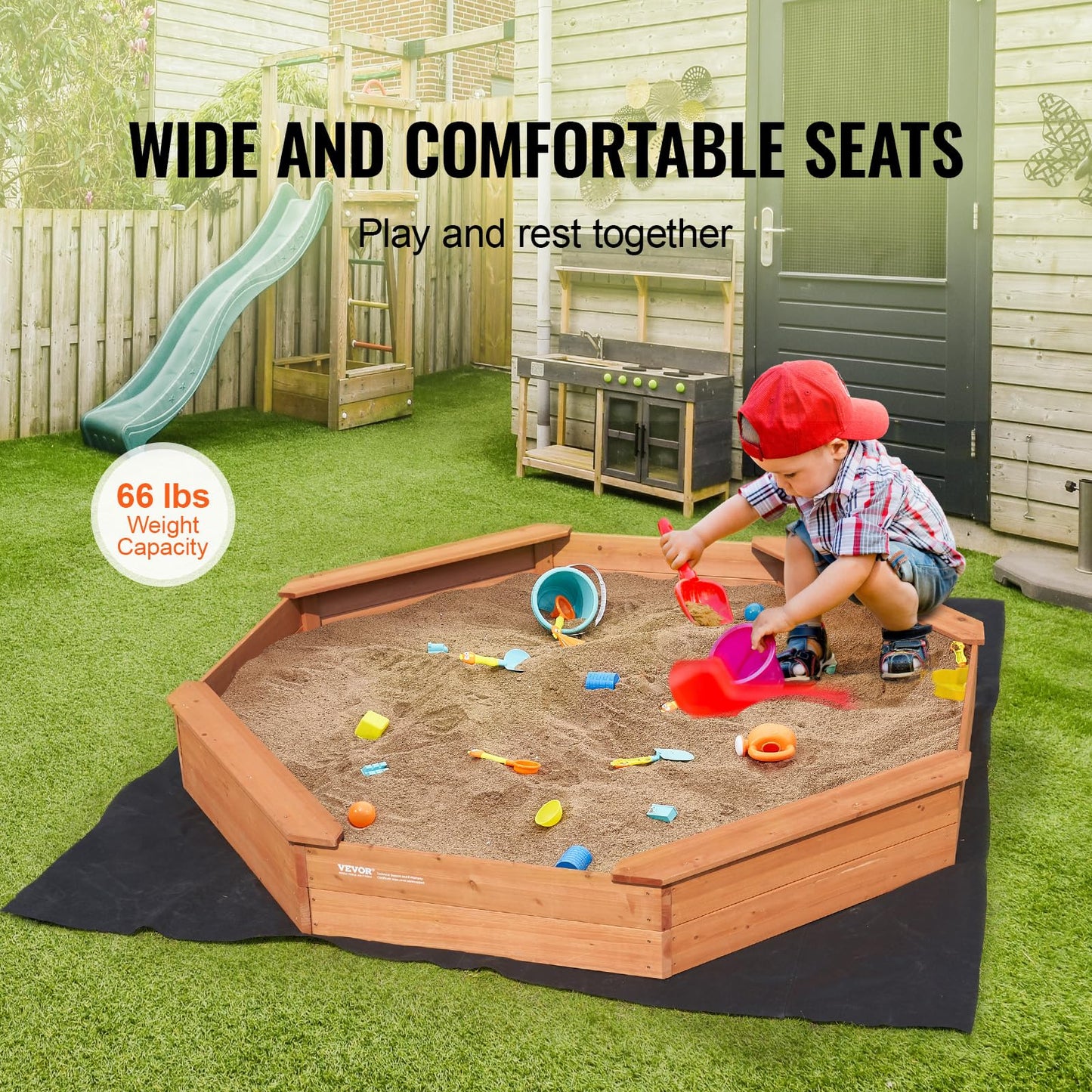 VEVOR Wooden Sandbox with Cover, 75.6''x75.6''x9.1'' Octagonal Sand Box, Sandpit with 4 Benches and Bottom Liner, Gift for Ages 3-12 Years Old
