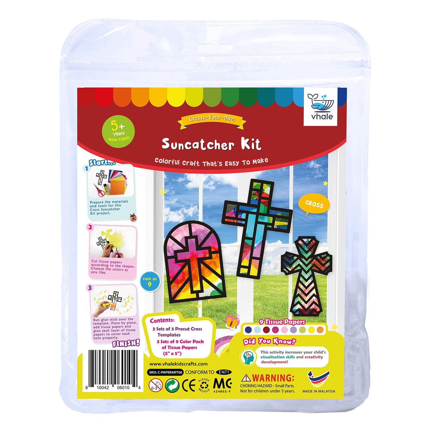 VHALE Suncatchers Craft 3 Sets (9 Cutouts) w Tissue Papers Stained Glass Effect Paper Sun Catcher Kit, Window Art, Classroom Crafts, Creative Art