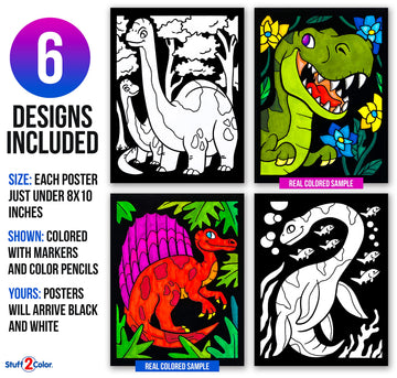Dinosaurs - 6 Pack of Fuzzy Velvet Coloring Posters for Kids, Toddlers, Girls, and Boys (All Ages Arts and Crafts Activity) - Includes T-Rex