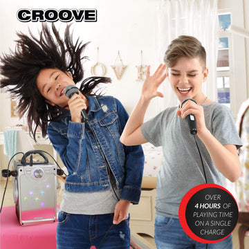Croove Rechargeable Karaoke Machine For Kids - Incl. 2 Microphones with Flashing Disco Lights, Bluetooth, AUX & USB Ports Singing Machine for