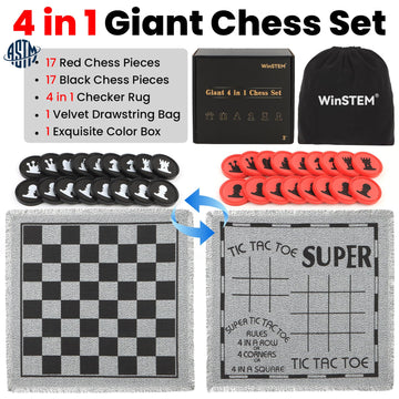 Giant 4 in 1 Chess Set,Jumbo Chess & Giant Checkers & Large Tic Tac Toe, Giant Chess Board Game for Kids Adults,Including 2 Extra Queen,Large Checkers