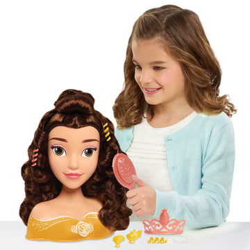 Disney Princess Belle Styling Head, Brown Hair, 10 Piece Pretend Play Set, Beauty and the Beast, Officially Licensed Kids Toys for Ages 3 Up by Just