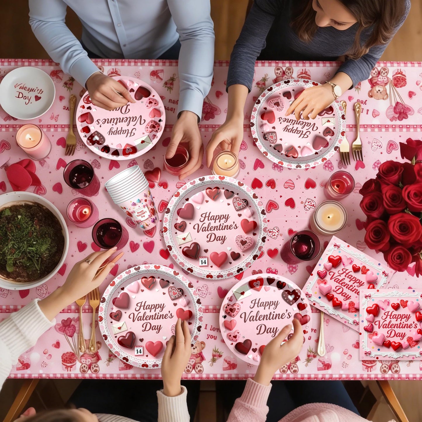 122 PCS Valentine‘s Day Party Supplies, Disposable Tableware Set Include Valentines Plates and Napkins, Cups, Forks, Banner and Tablecloth