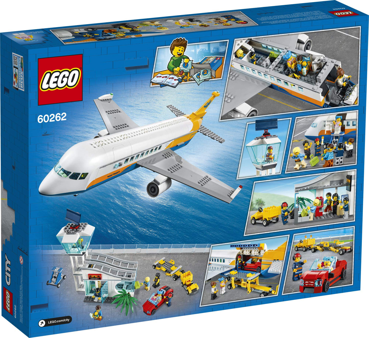 LEGO City Passenger Airplane 60262, with Radar Tower, Airport Truck with a Car Elevator, Red Convertible, 4 Passenger and 4 Airport Staff Minifigures,